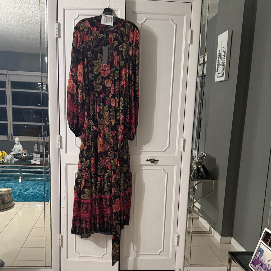 Kobi Halperin Black Floral Long Sleeve Midi Dress With Pink And Green Accents